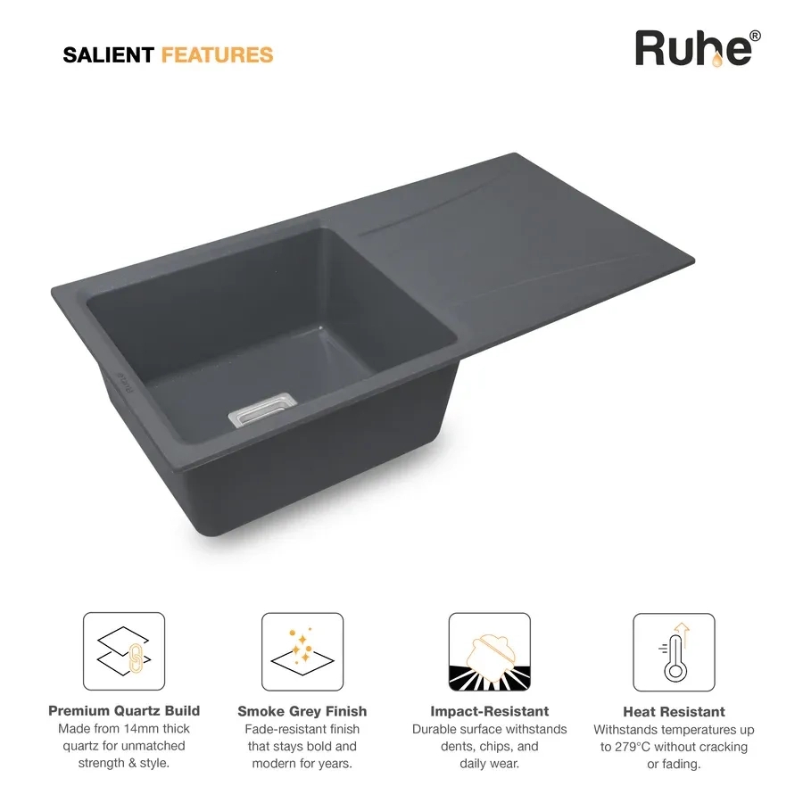 Ruhe Quartz Single Bowl With Drainboard Kitchen Sink -  36 X 18 X 9 Inches - Grey by Ruhe : Colours available: Grey 6 3