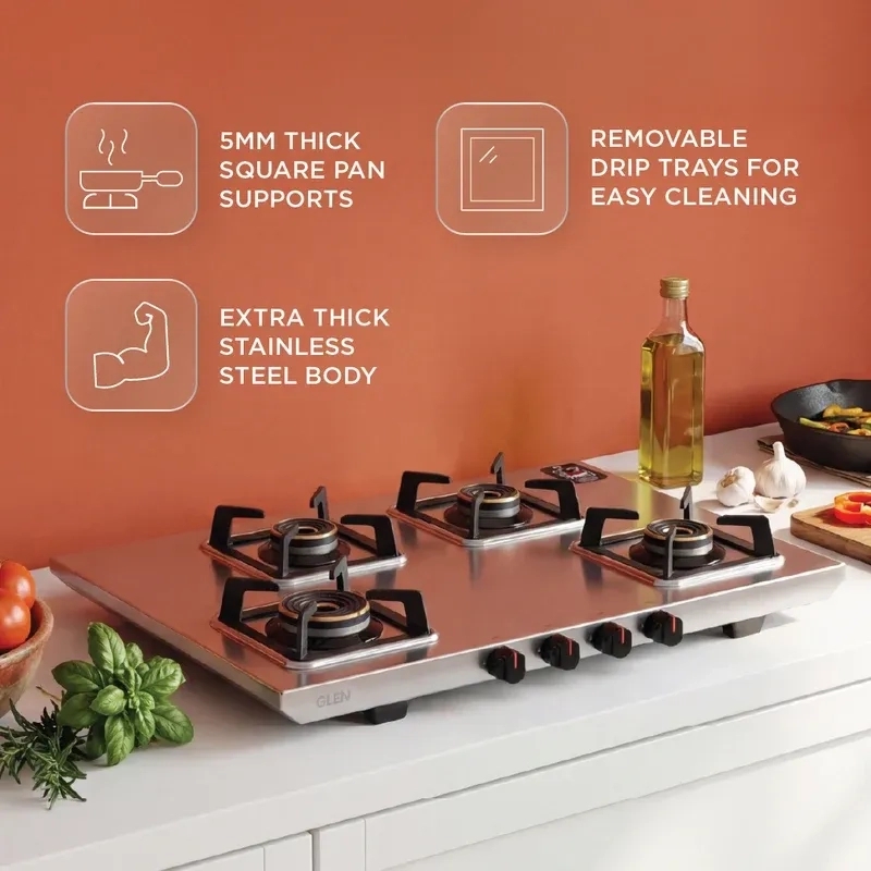 Glen 4 Burner Ultra Tuff Stainless Steel Gas Stove with Multi Ring Forged Brass Burner & Drip trays (CT1054UTDTSS) 2