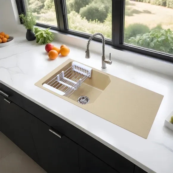 Lipka Sand Choco Quartz Single Bowl with Drainboard Kitchen Sink (39 x 20 x 9 Inches)