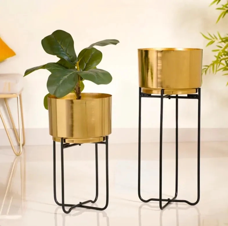 Nestasia Luxe Metal Floor Planter With Stand Gold Set Of 2 by Nestasia : Colours available: Gold