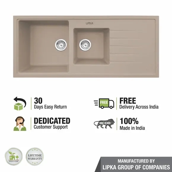 Lipka Sand Choco Quartz Double Bowl with Drainboard Kitchen Sink (45 x 20 x 9 Inches) 4