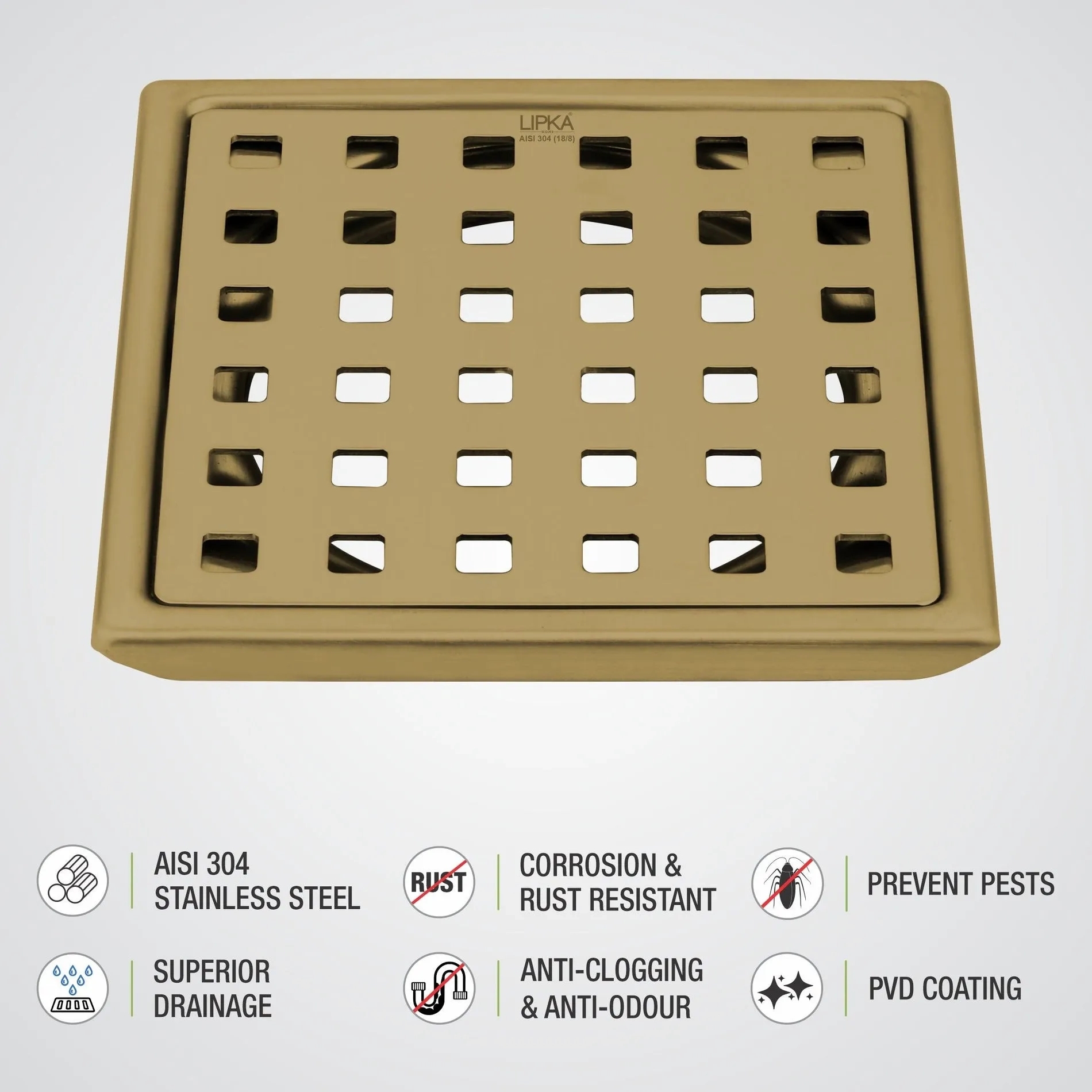 Red Exclusive Square Floor Drain in Yellow Gold PVD Coating (6 x 6 Inches) 2