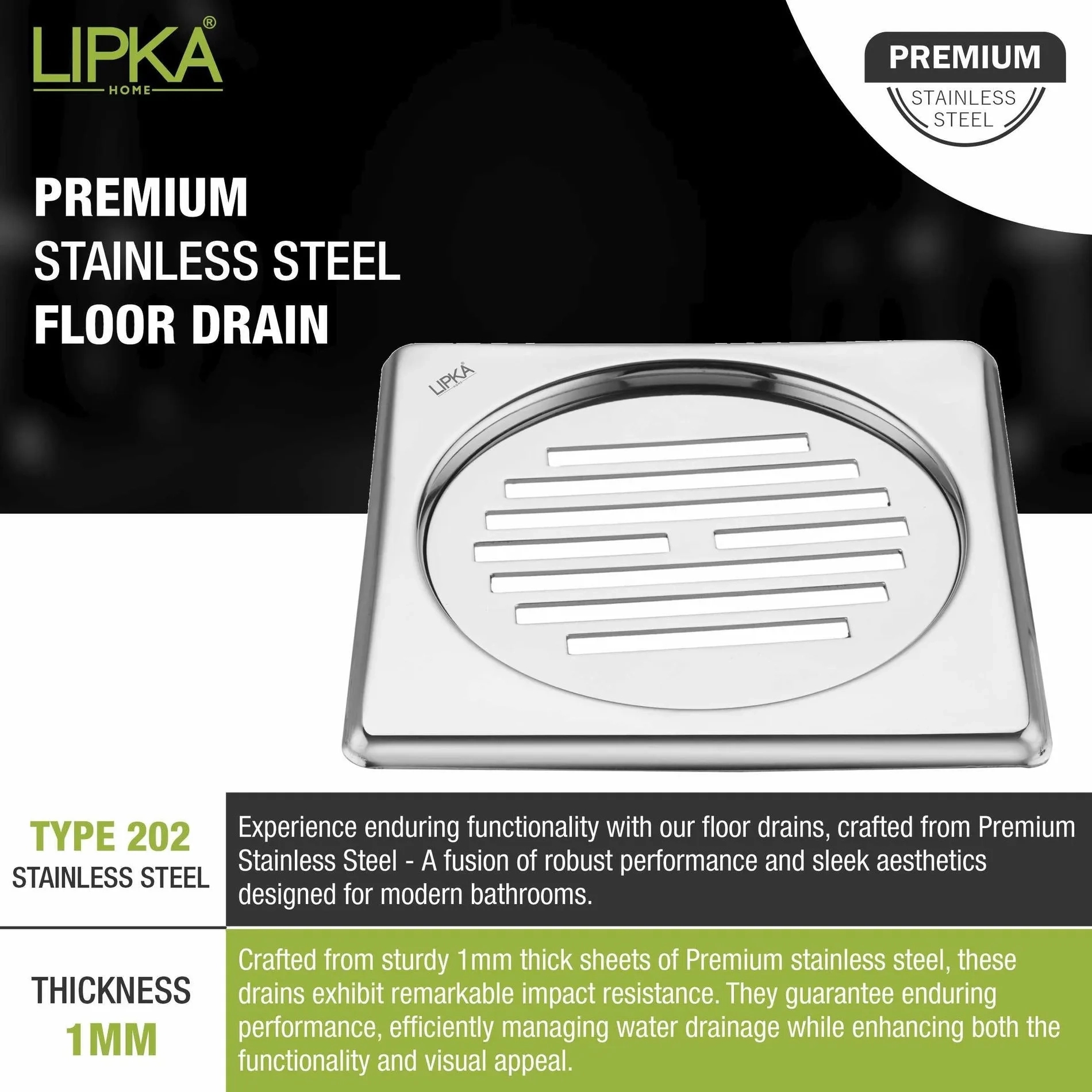 Lipka Eon Square Floor Drain with Golden Classic Jali (5 x 5 Inches) 3