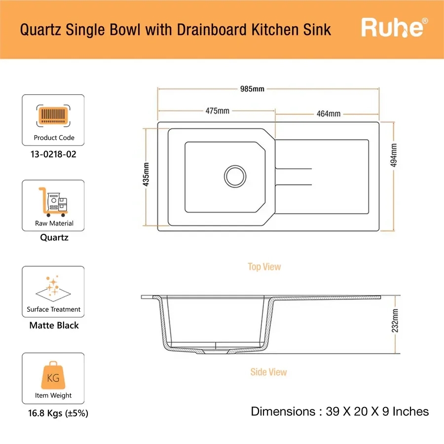Ruhe Quartz Single Bowl With Drainboard Kitchen Sink - 39 X 20 X 9 Inches - Black by Ruhe : Colours available: Black 8 2