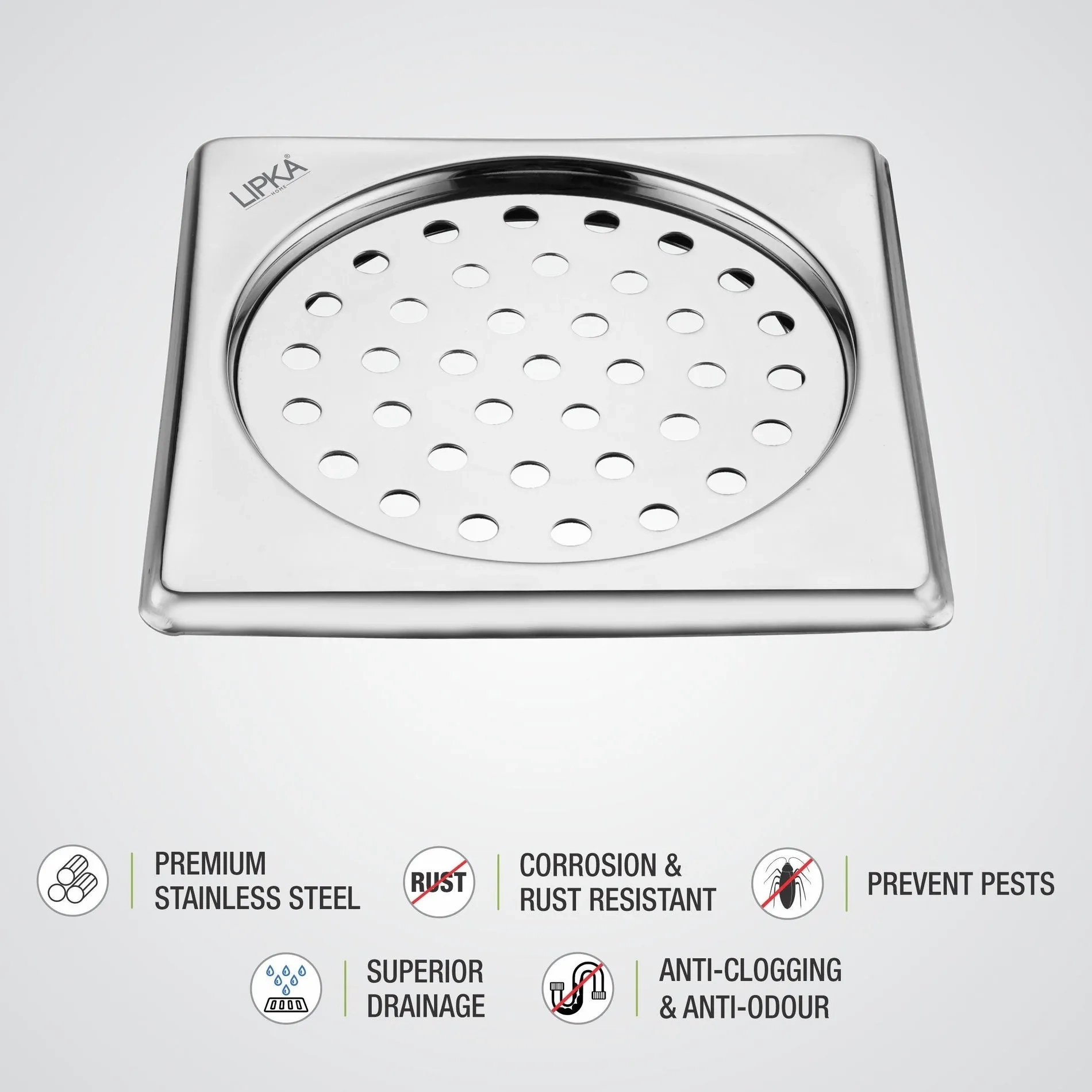 Lipka Eon Square Floor Drain with Plain Jali (5 x 5 Inches) 2