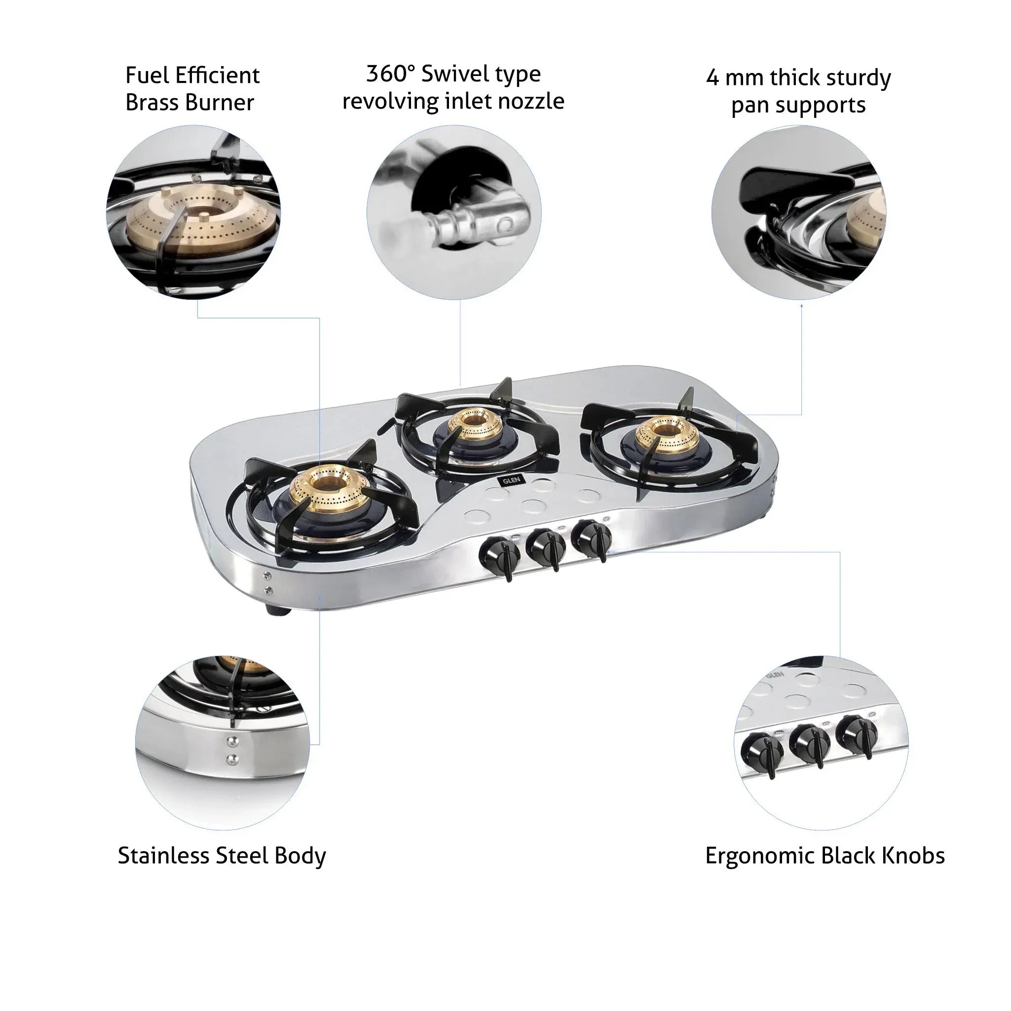 Glen 3 Burner Stainless Steel LPG Gas Stove 72 cm|High Flame Brass Burners|360° Revolving Inlet Nozzle|Manual Ignition|ISI Certified|2 Year Warranty 4