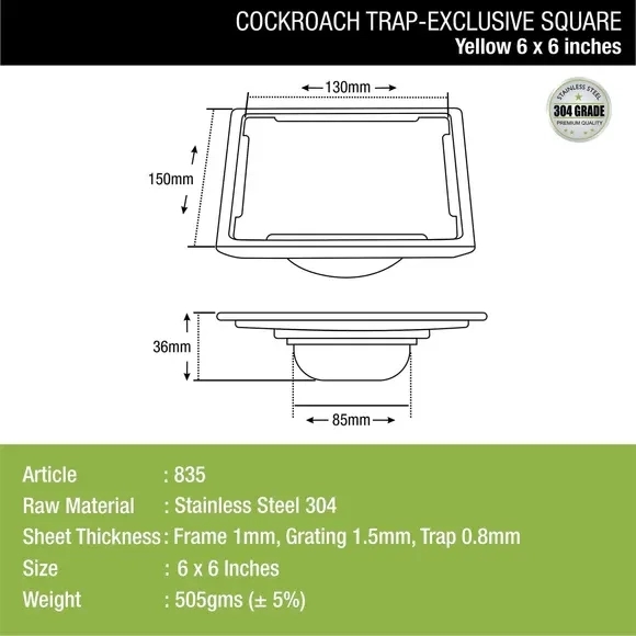 Lipka Yellow Exclusive Square Floor Drain (6 x 6 Inches) with Cockroach Trap 2