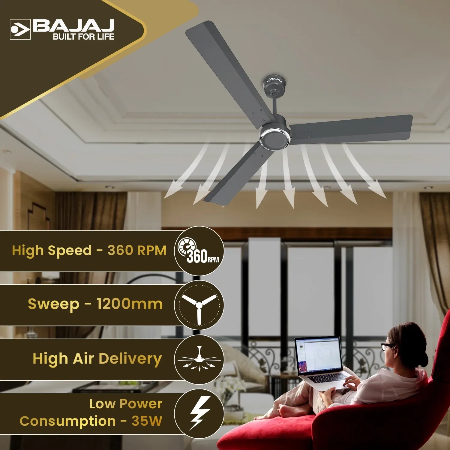 Bajaj Classico Sleek Plus 1200mm Ceiling Fan - Coal Grey by Bajaj : Colours available: SlateGray 12 4