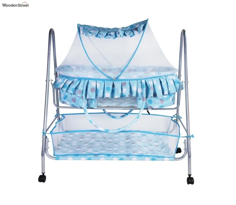 Wooden Street Blue Baby Cot with Detachable Basket and Mosquito Protection Net 1