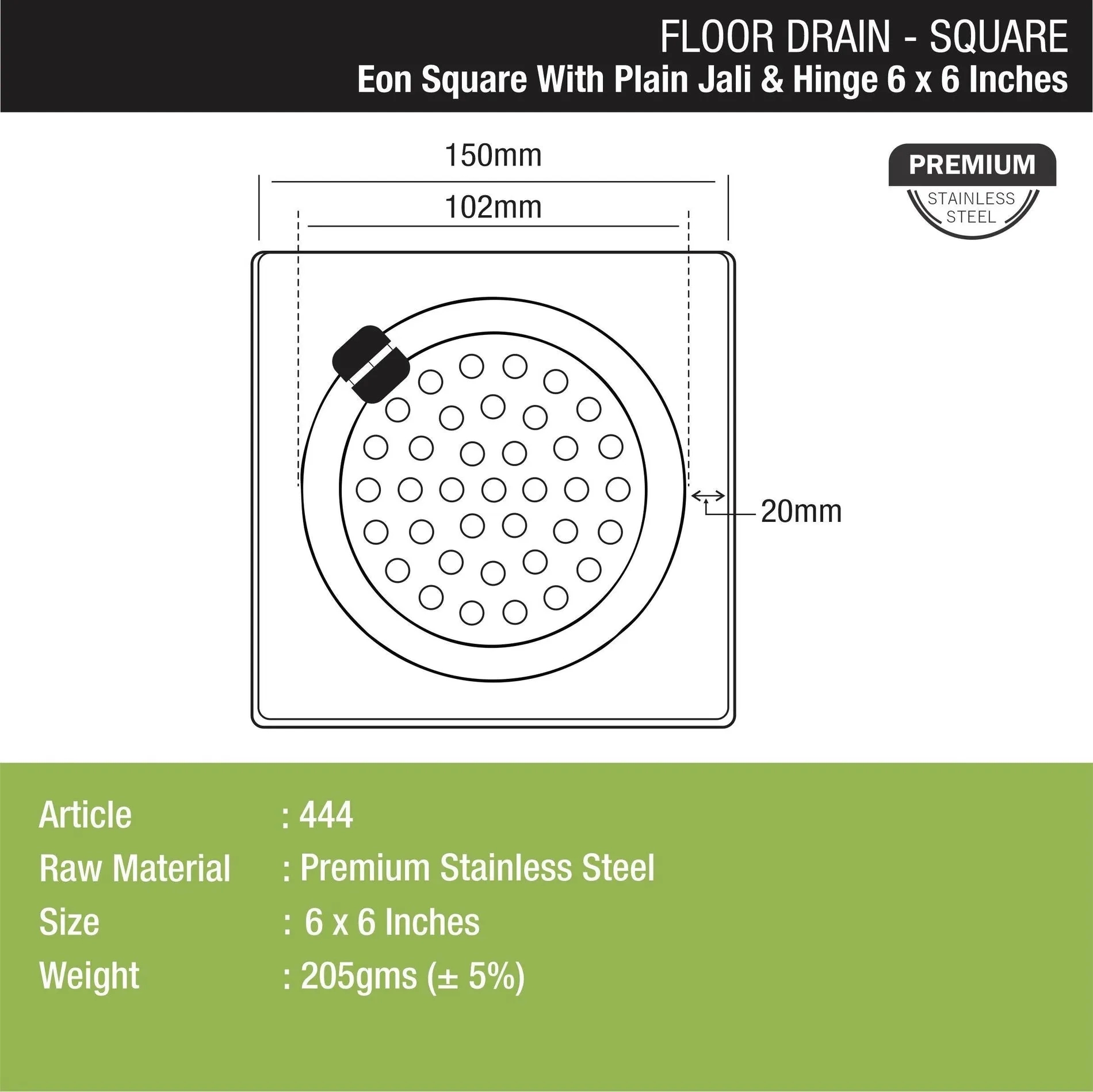 Lipka Eon Square Floor Drain with Plain Jali and Hinge (6 x 6 Inches) 1
