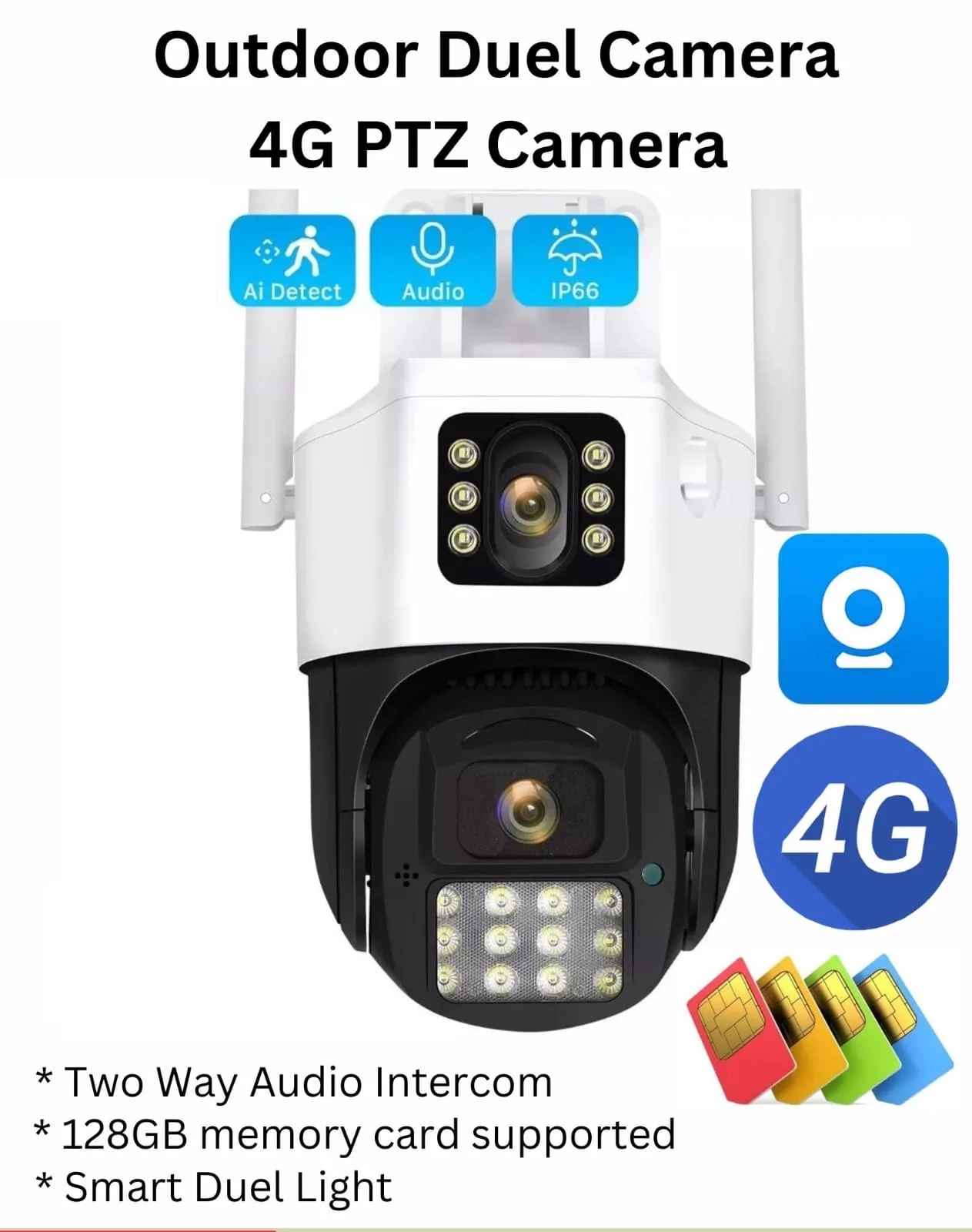 Jenix Duel Lens 4G Sim Card PTZ Outdoor CCTV Camera 360 degree rotation by Jenix : Colours available: Black, White