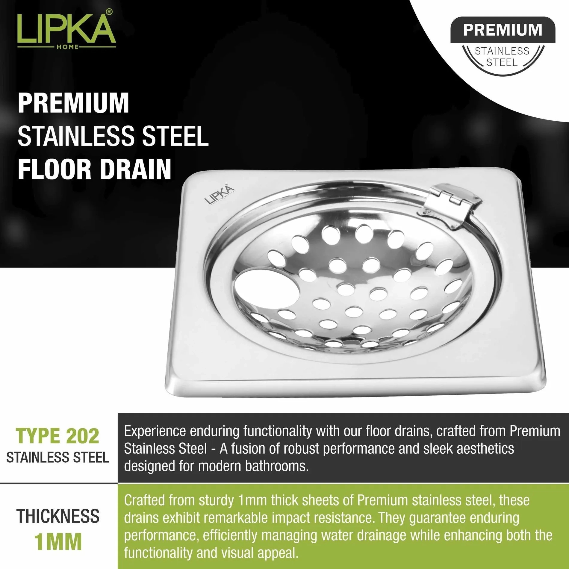 Lipka Eon Square Floor Drain with Hinge and Hole (6 x 6 Inches) 2