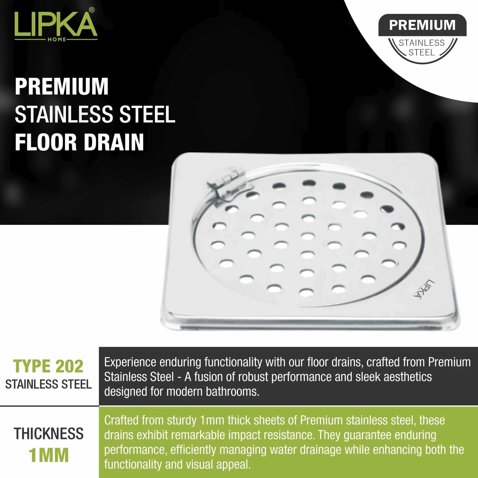 Lipka Eon Square Floor Drain with Plain Jali and Hinge (6 x 6 Inches) 3