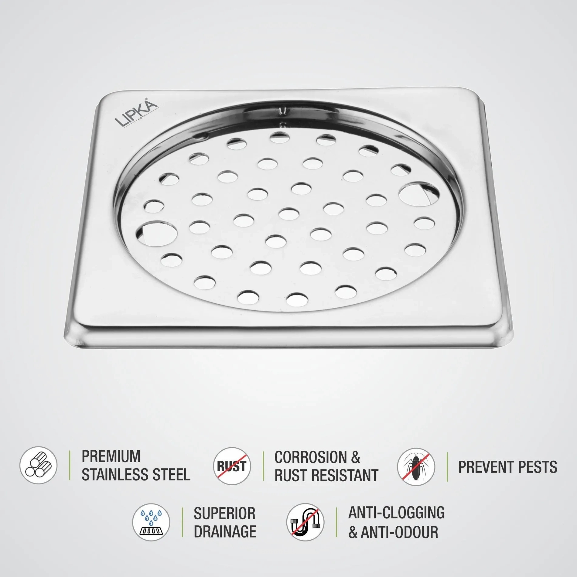 Lipka Eon Square Floor Drain with Plain Jali and Lock (6 x 6 Inches) 2