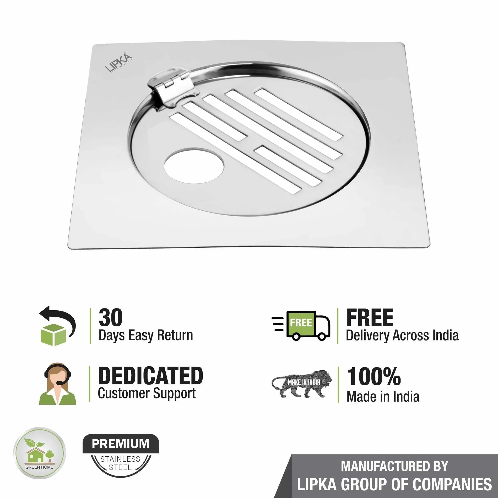 Lipka Eon Square Flat Cut Floor Drain with Golden Classic Jali, Hinge and Hole (6 x 6 Inches) 4
