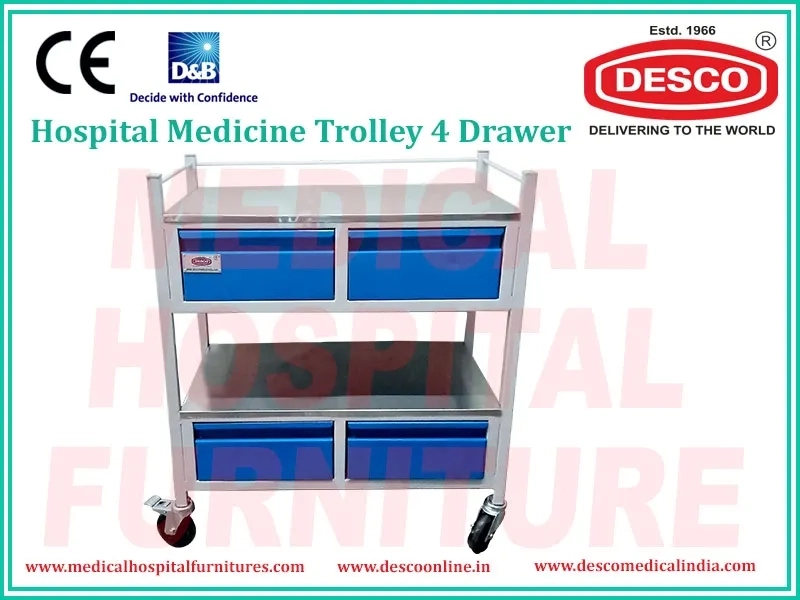 Desco Medicine Trolley 4 Drawer by Desco : Colours available: Silver, Blue