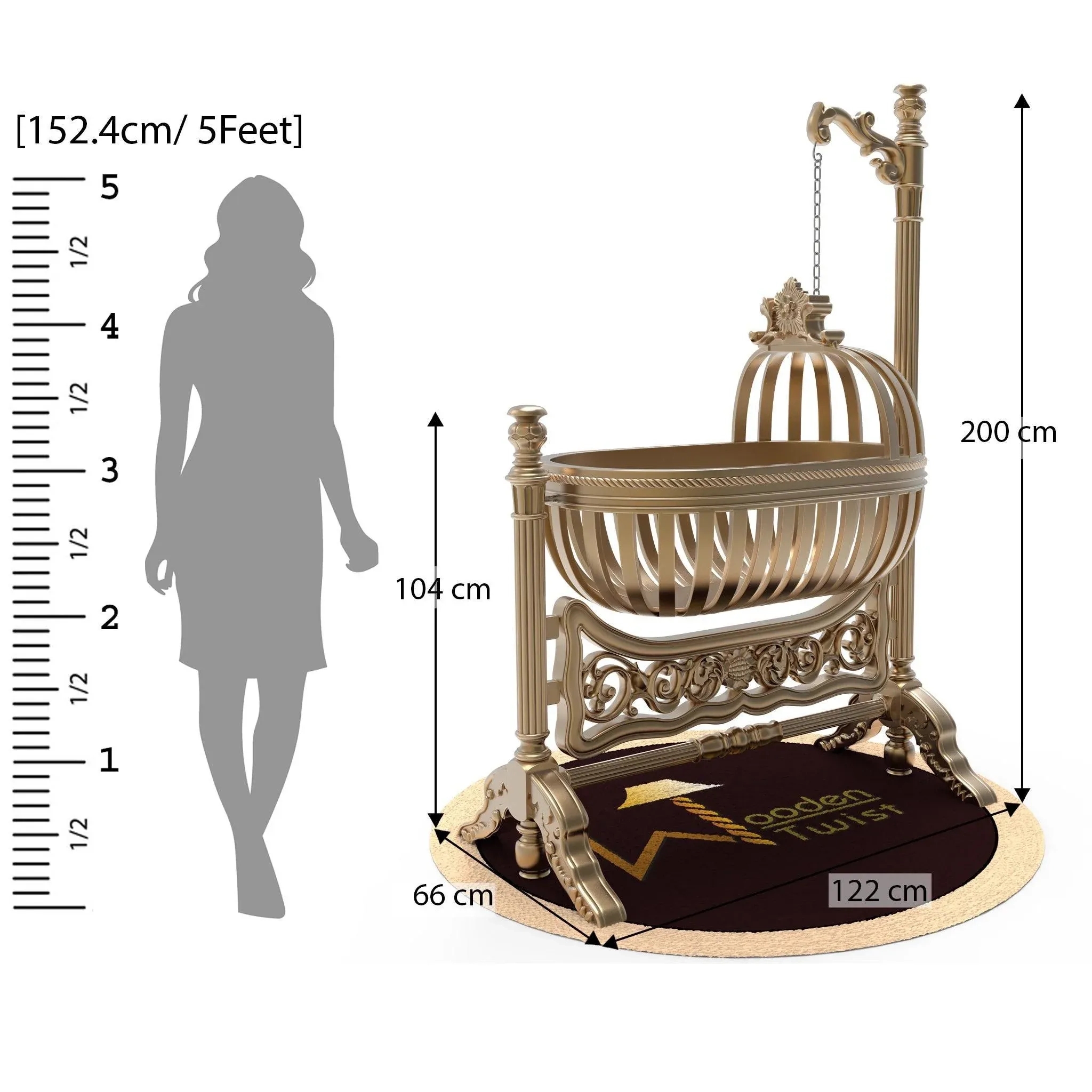 Wooden Twist Royal Teak Wood Baby Cradle (Golden Finish) 5