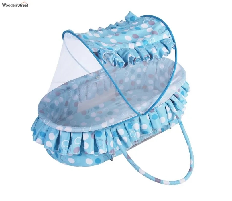 Wooden Street Blue Baby Cot with Detachable Basket and Mosquito Protection Net 3