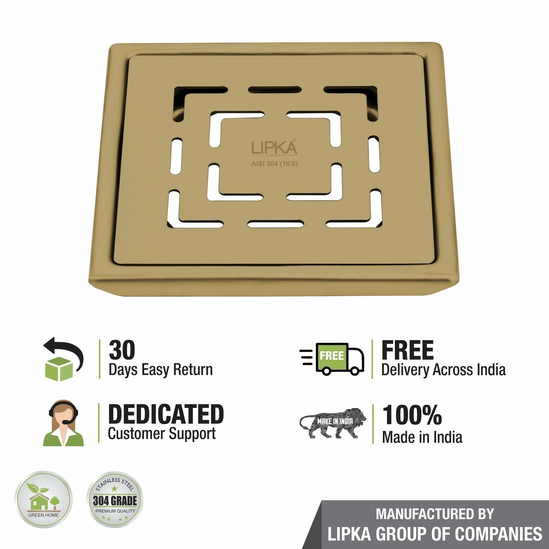 Lipka Orange Exclusive Square Floor Drain in Yellow Gold PVD Coating (5 x 5 Inches) 3