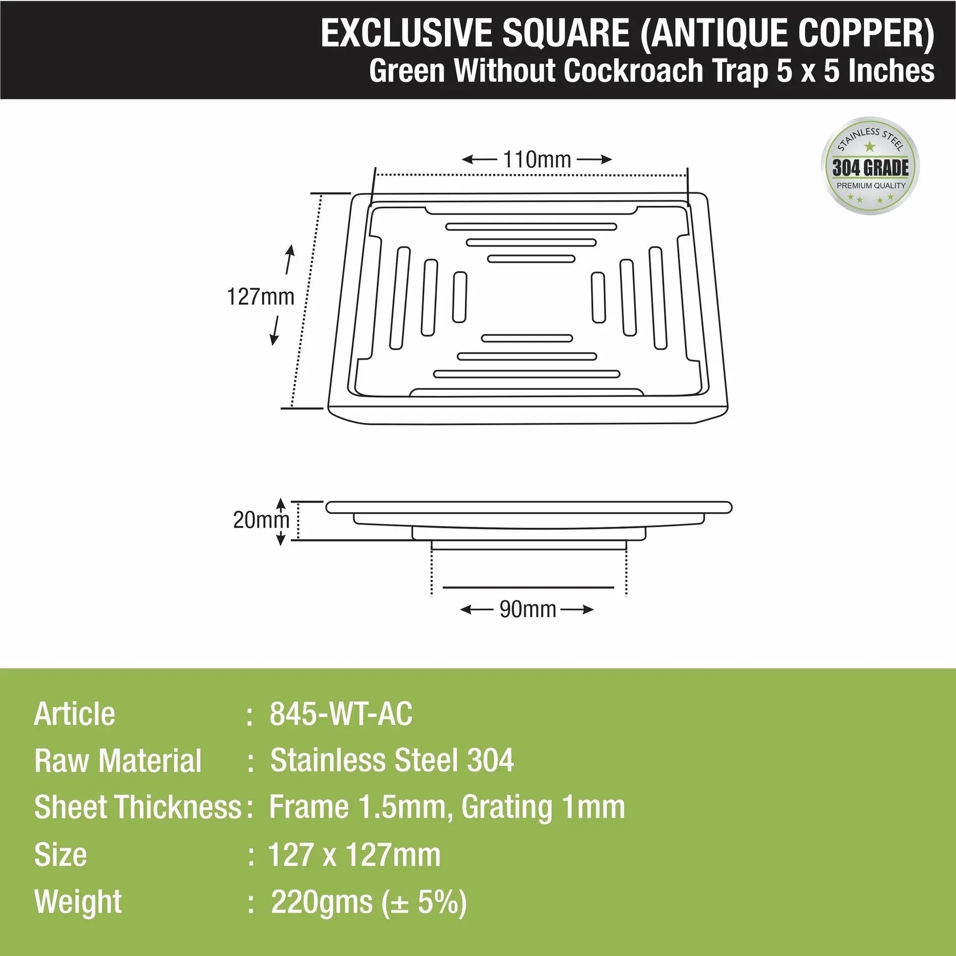Lipka Green Exclusive Square Floor Drain in Antique Copper PVD Coating (5 x 5 Inches) 1