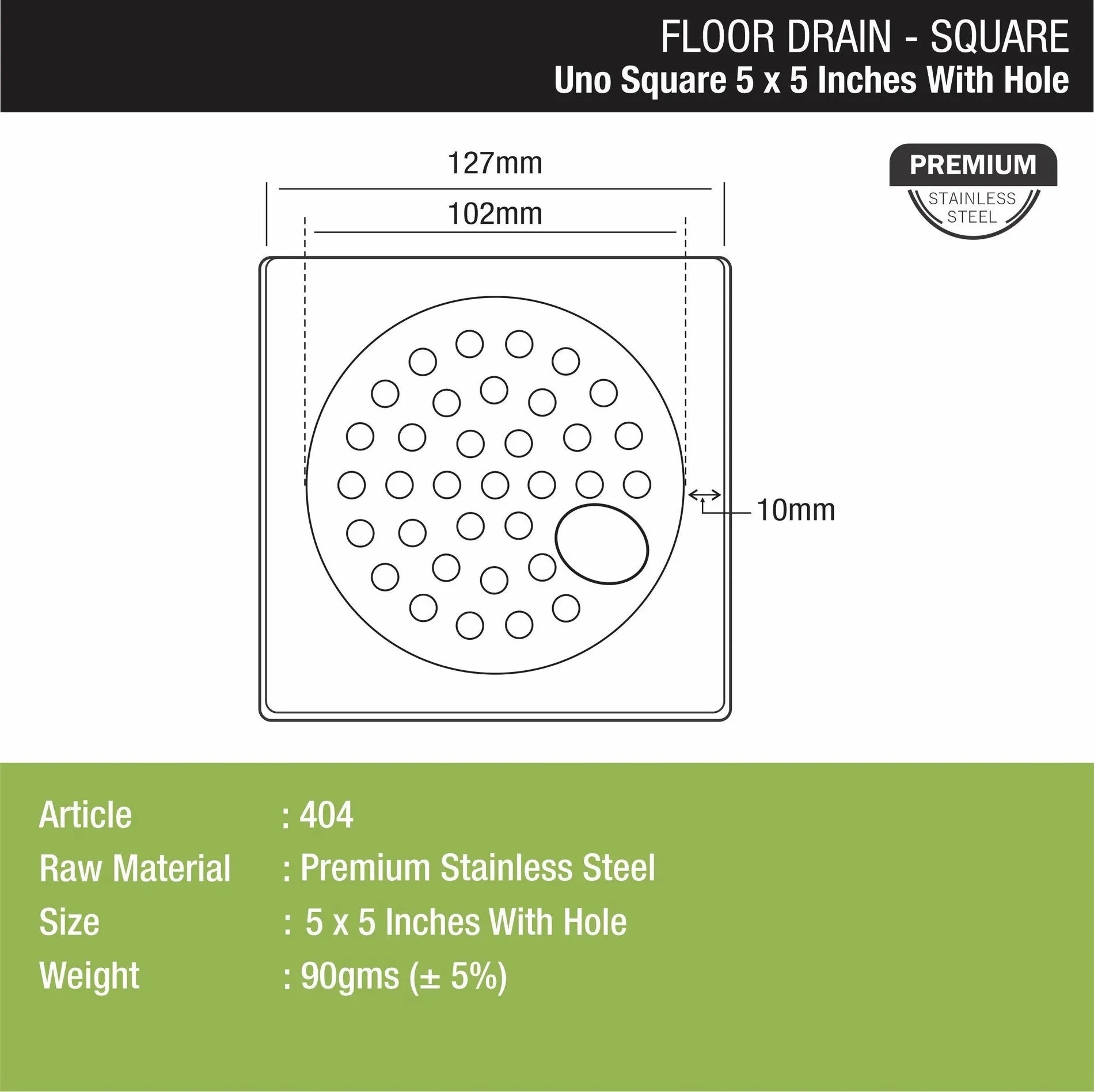 Lipka UNO Square Floor Drain (5 x 5 Inches) with Hole 1