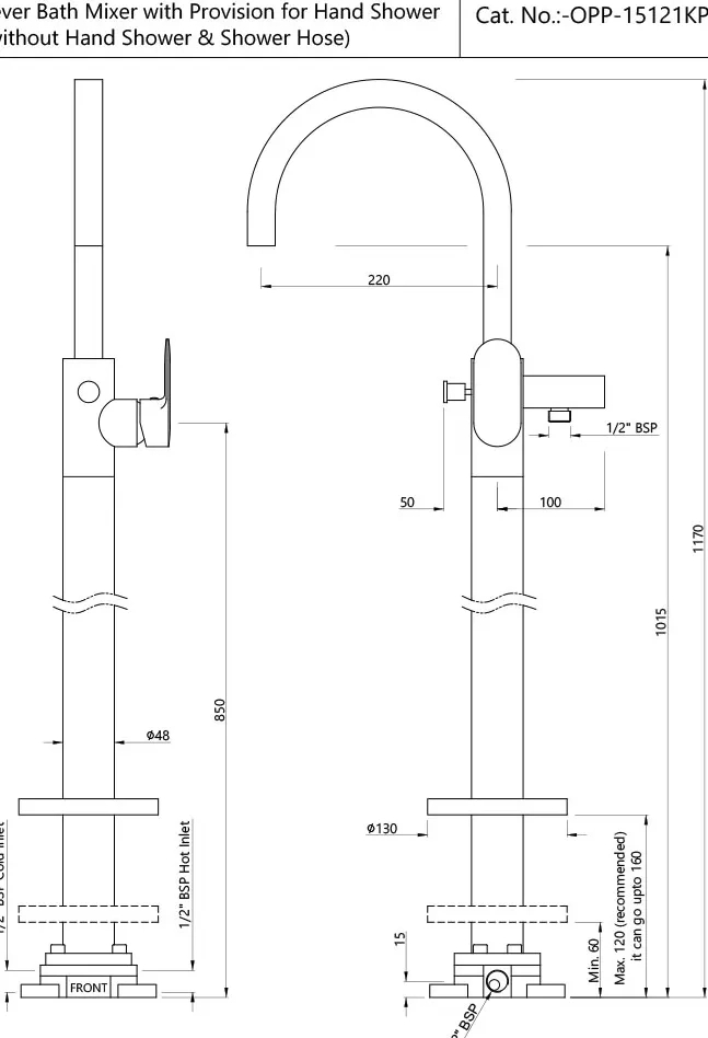 Exposed Parts of Floor Mounted Single Lever Bath Mixer - OPP-BCH-15121KPM by Jaquar : Colours available: Silver 1 1