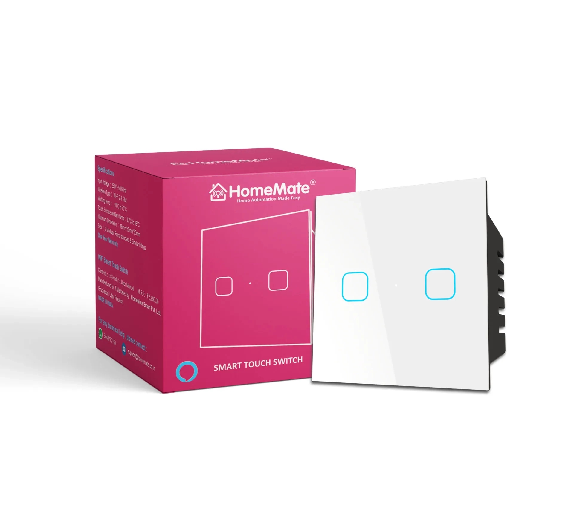 Homemate Wi-Fi 2 Gang Smart Touch Switch - White by Homemate : Colours available: White