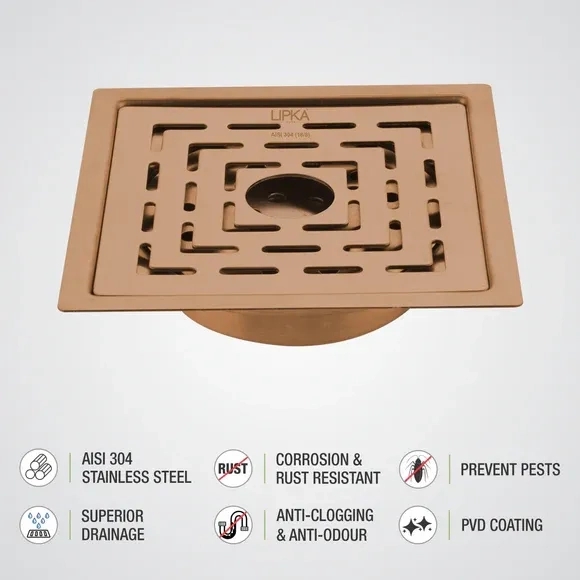 Lipka Orange Exclusive Square Flat Cut Floor Drain in Antique Copper PVD Coating (6 x 6 Inches) with Hole & Cockroach Trap 2
