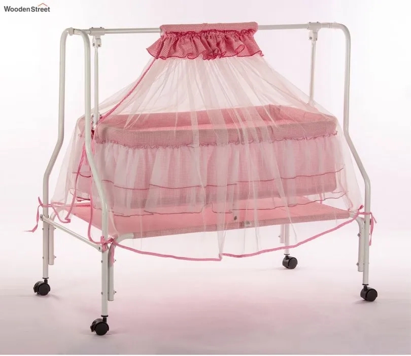 Wooden Street Maia Mosquito Protection Net Movable Steel Baby Cot Pink