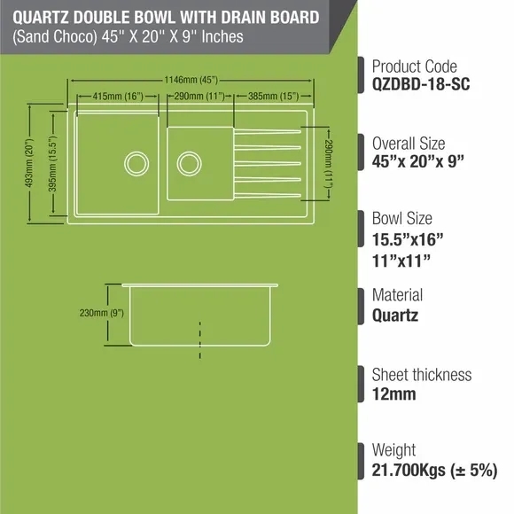Lipka Sand Choco Quartz Double Bowl with Drainboard Kitchen Sink (45 x 20 x 9 Inches) 2