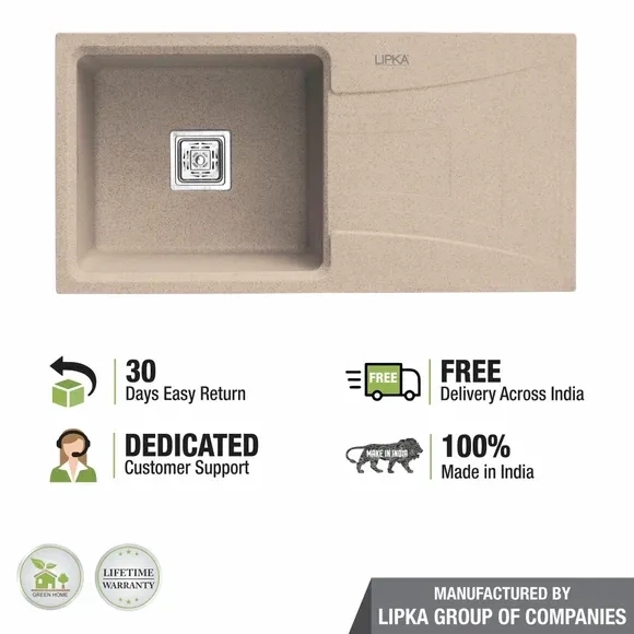 Lipka Sand Choco Quartz Single Bowl with Drainboard Kitchen Sink (39 x 20 x 9 Inches) 4