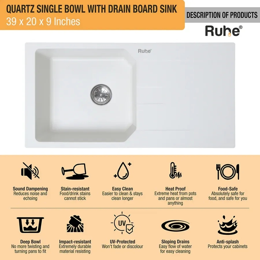 Ruhe Quartz Single Bowl With Drainboard Kitchen Sink - 39 X 20 X 9 Inches - White by Ruhe : Colours available: White 12 3