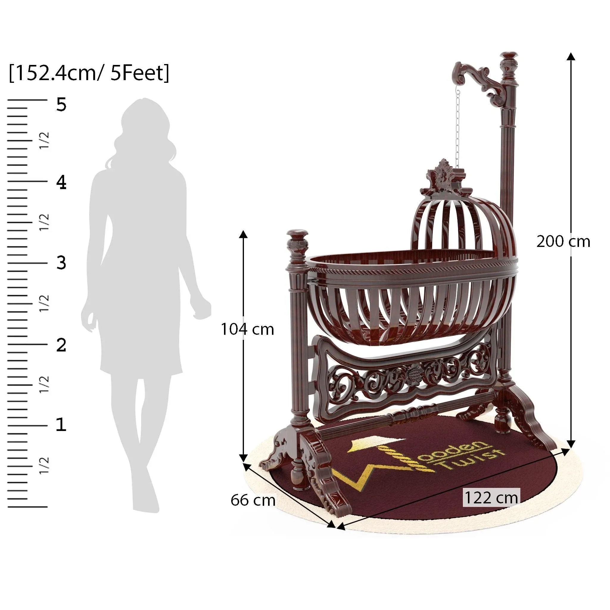 Wooden Twist Royal Teak Wood Baby Cradle (Walnut Finish) 6
