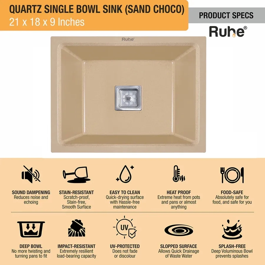 Ruhe Quartz Single Bowl Kitchen Sink - 21 X 18 X 9 Inches - Tan by Ruhe : Colours available: Tan 6 4