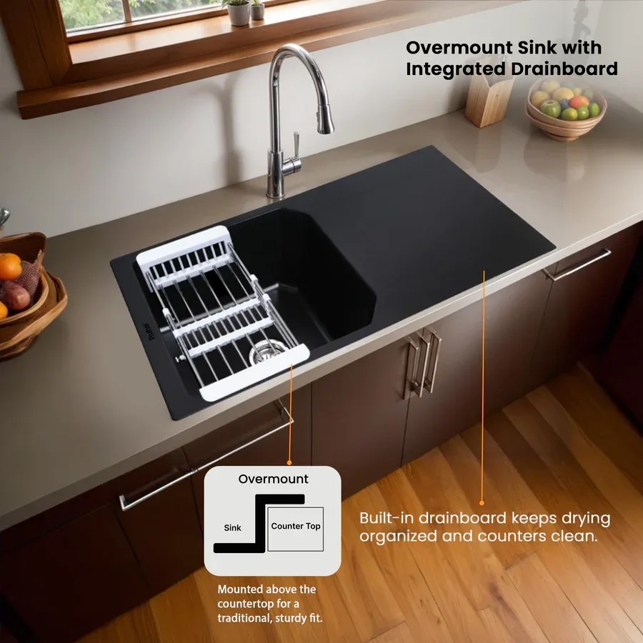 Ruhe Quartz Single Bowl With Drainboard Kitchen Sink - 39 X 20 X 9 Inches - Black by Ruhe : Colours available: Black 12 6