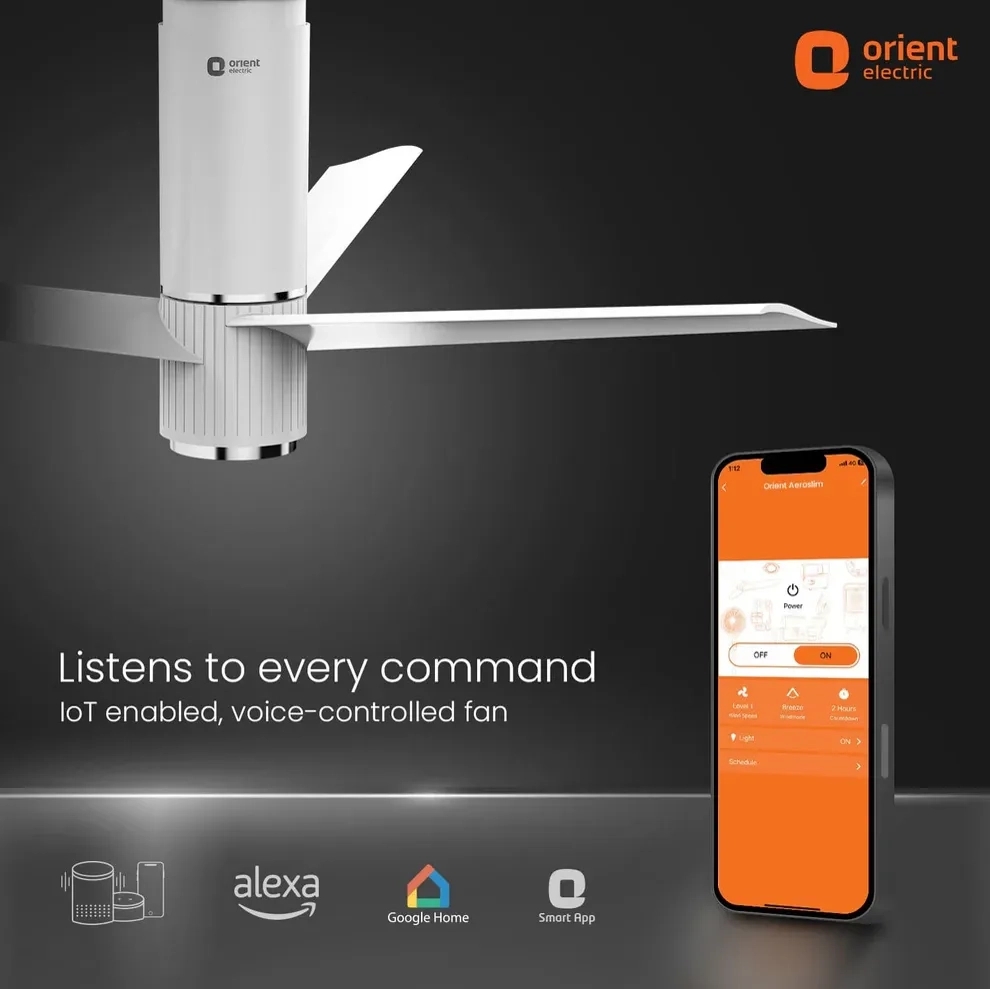 Orient Electric Aeroslim with IoT, Remote & 3CCT Underlight BLDC PRO Smart Ceiling Fan 1200mm White by Orient Electric : Colours available: White 3 4