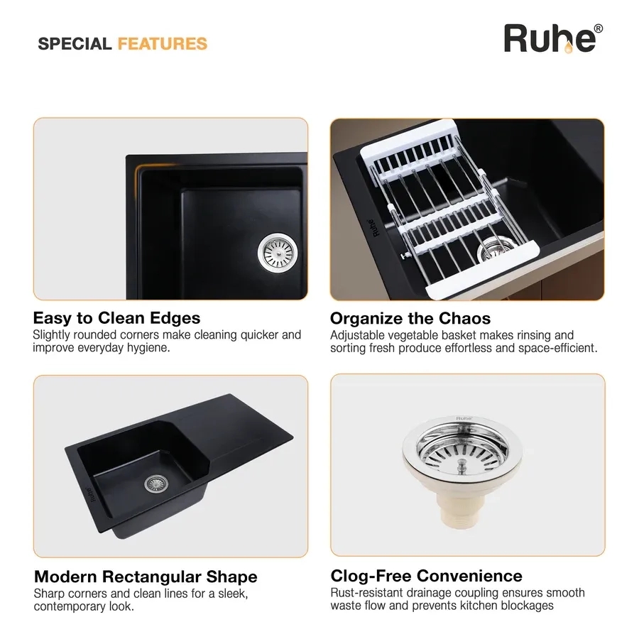 Ruhe Quartz Single Bowl With Drainboard Kitchen Sink - 39 X 20 X 9 Inches - Black by Ruhe : Colours available: Black 10 4