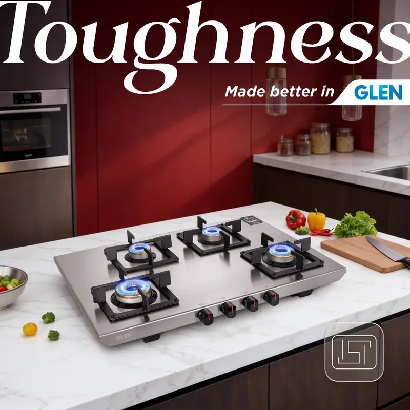 Glen Ultra Tuff Stainless Steel PNG Gas Stove 4 Burner|1 Jumbo Forged Brass Burner|Manual Ignition|Revolving Inlet Nozzle|Warranty 2 Years Standard, 5 Years Burner|1054UTSSPN73 1