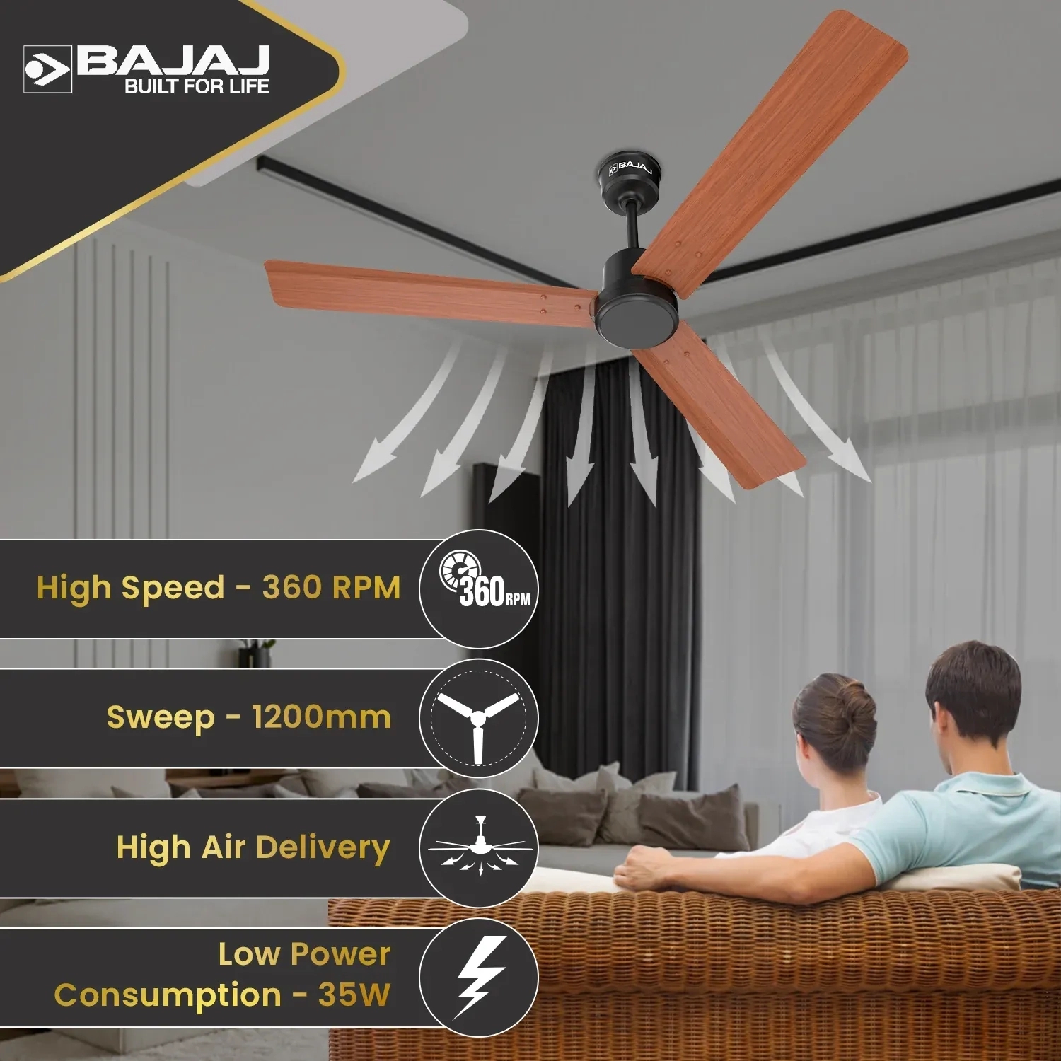 Bajaj Classico Sleek Wood 1200mm Ceiling Fan - Maple Wood by Bajaj : Colours available: Brown 14 4