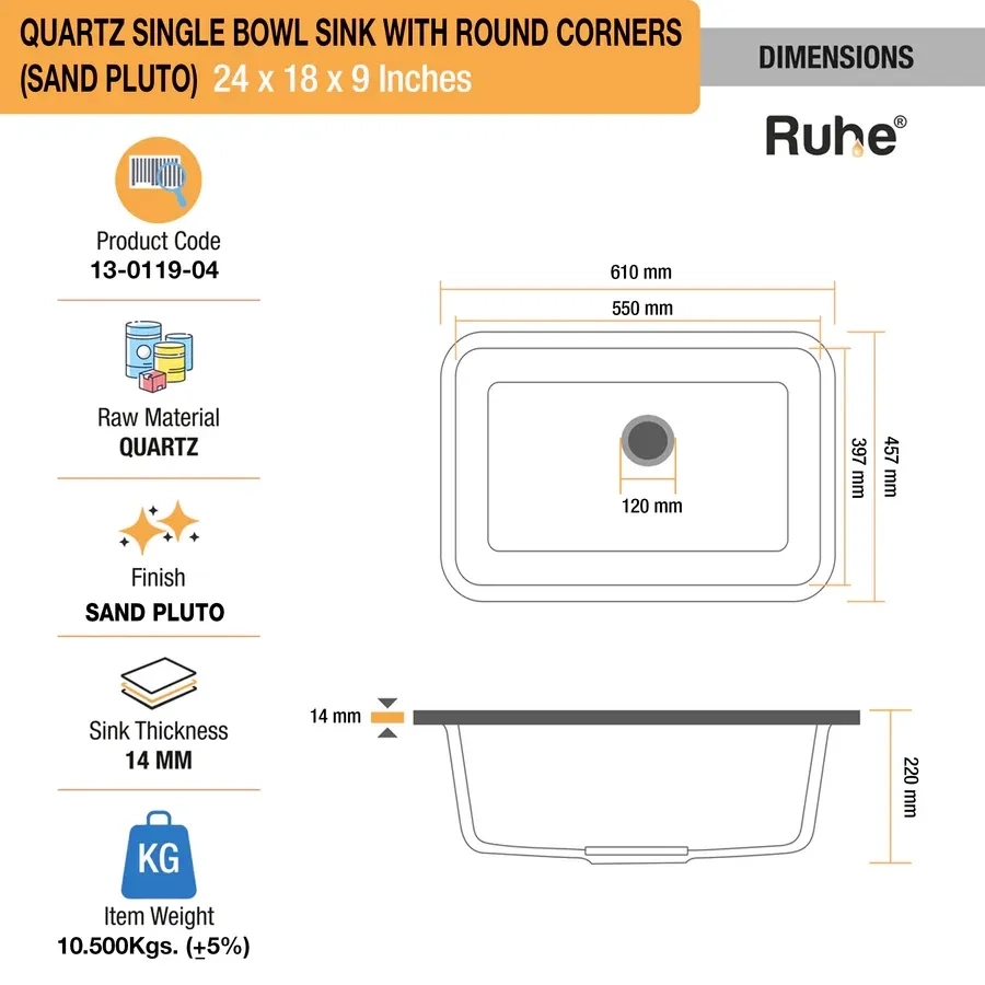 Ruhe Quartz Single Bowl Round Kitchen Sink - 24 X 18 X 9 Inches - Chrome by Ruhe : Colours available: Chrome 11 2