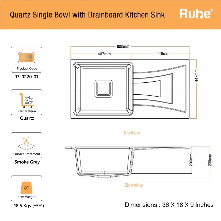 Ruhe Quartz Single Bowl With Drainboard Kitchen Sink -  36 X 18 X 9 Inches - Grey by Ruhe : Colours available: Grey 1 2