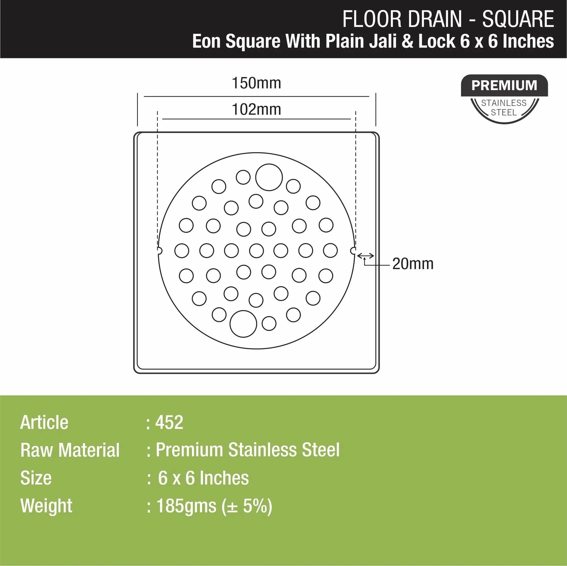 Lipka Eon Square Floor Drain with Plain Jali and Lock (6 x 6 Inches) 1
