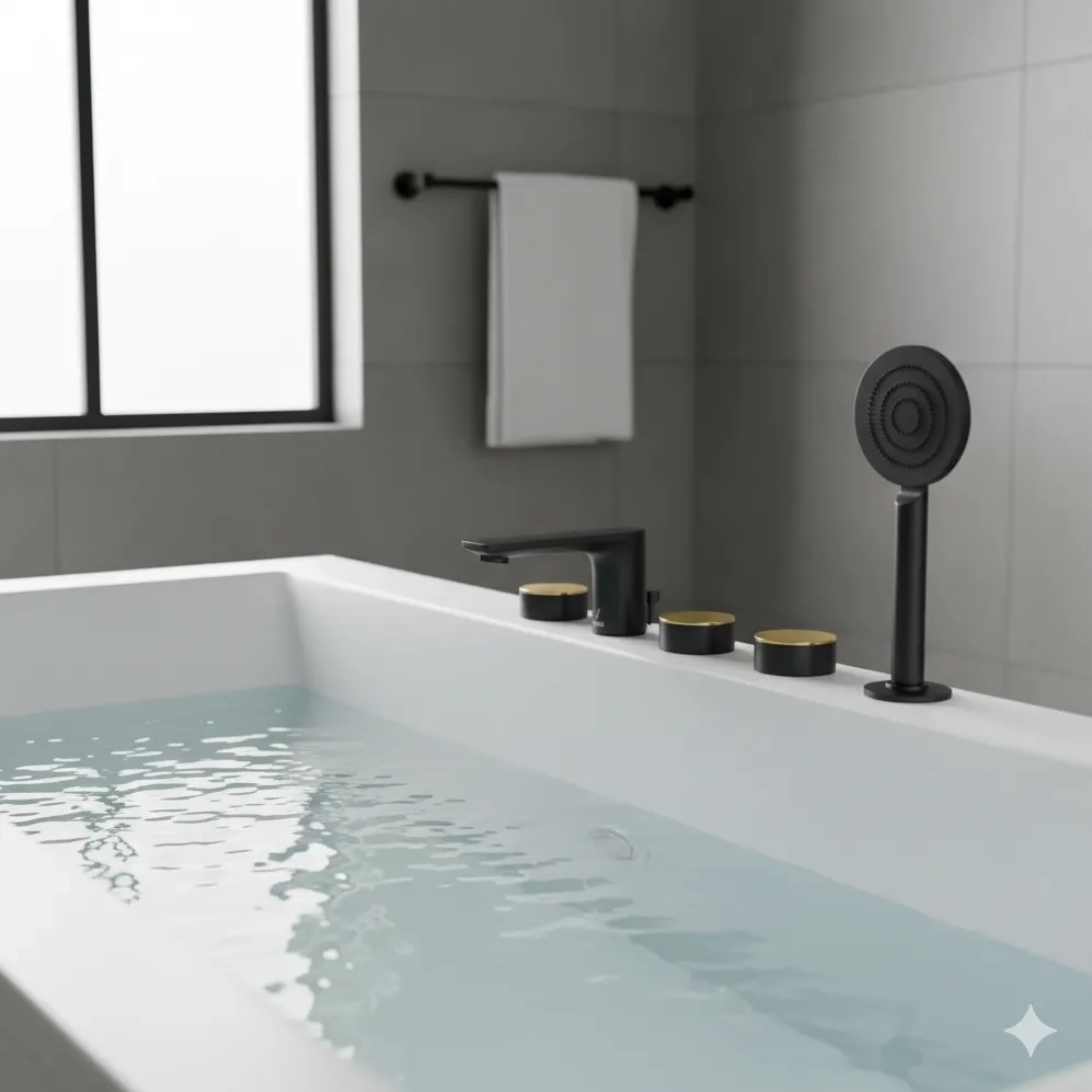 5-Hole Bath Tub Mixer - Lever Gold Matt PVD and Body Black Matt by Jaquar : Colours available: BlackMatt, GoldMattPVD 2 2