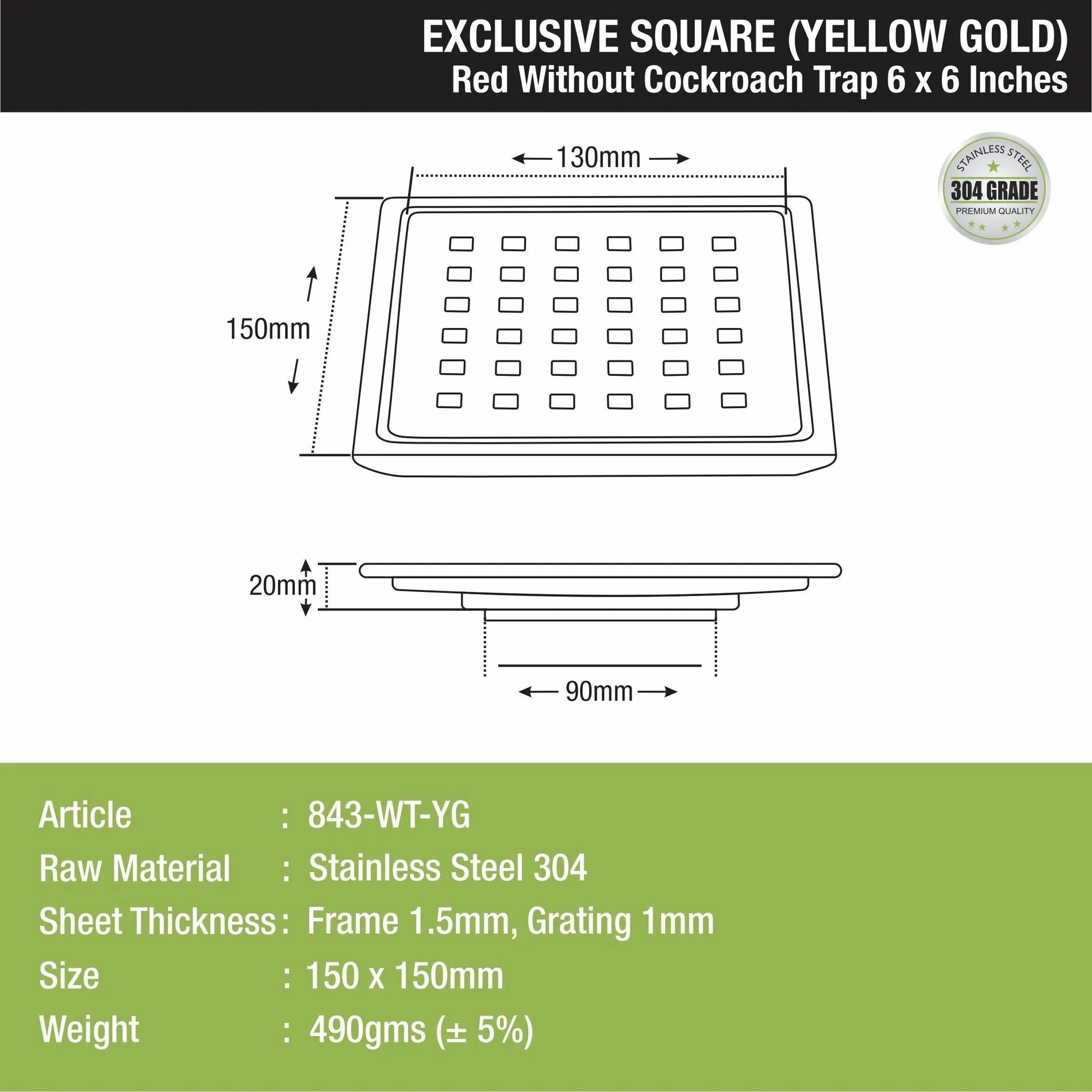 Red Exclusive Square Floor Drain in Yellow Gold PVD Coating (6 x 6 Inches) 1