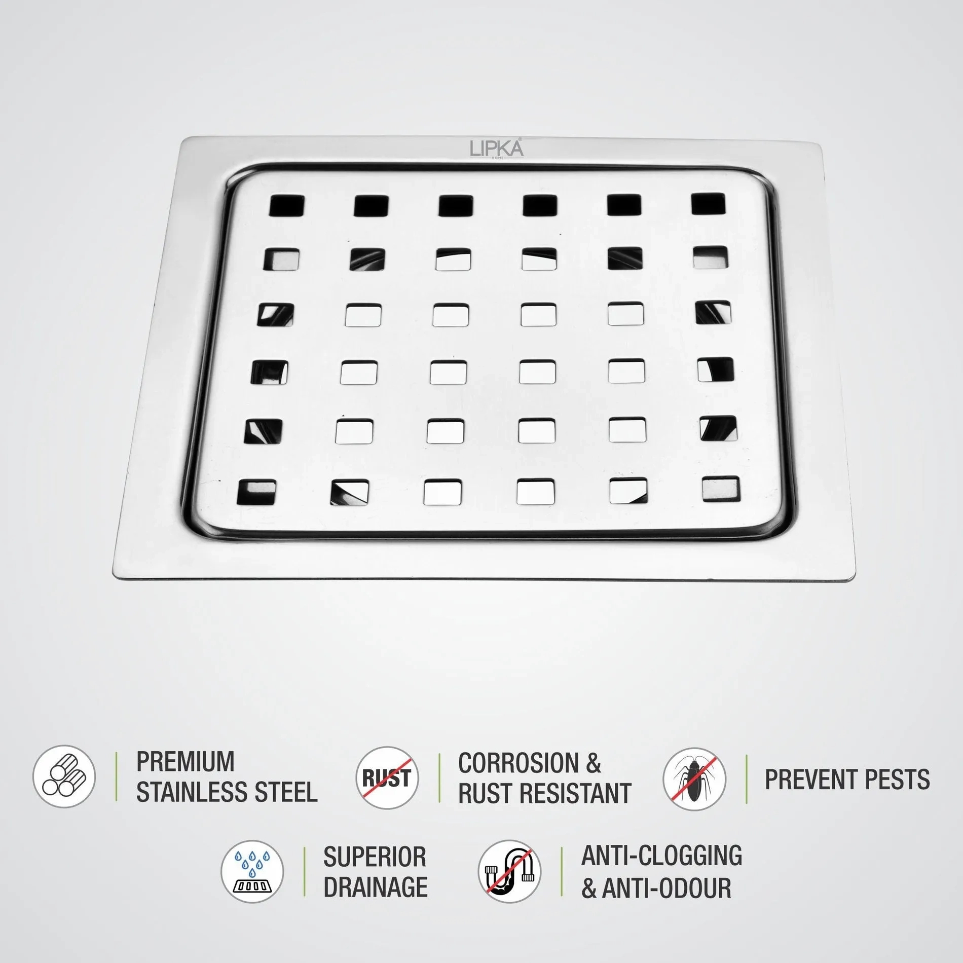 Lipka Eon Square Flat Cut Floor Drain with Plain Jali and Hole (6 x 6 Inches) 2