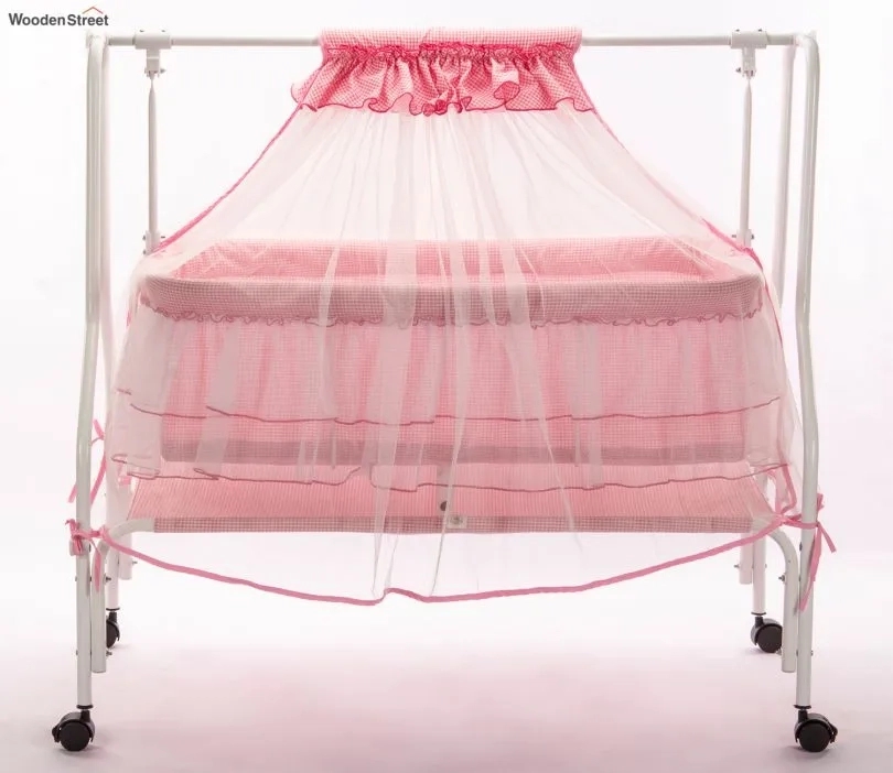 Wooden Street Maia Mosquito Protection Net Movable Steel Baby Cot Pink 1