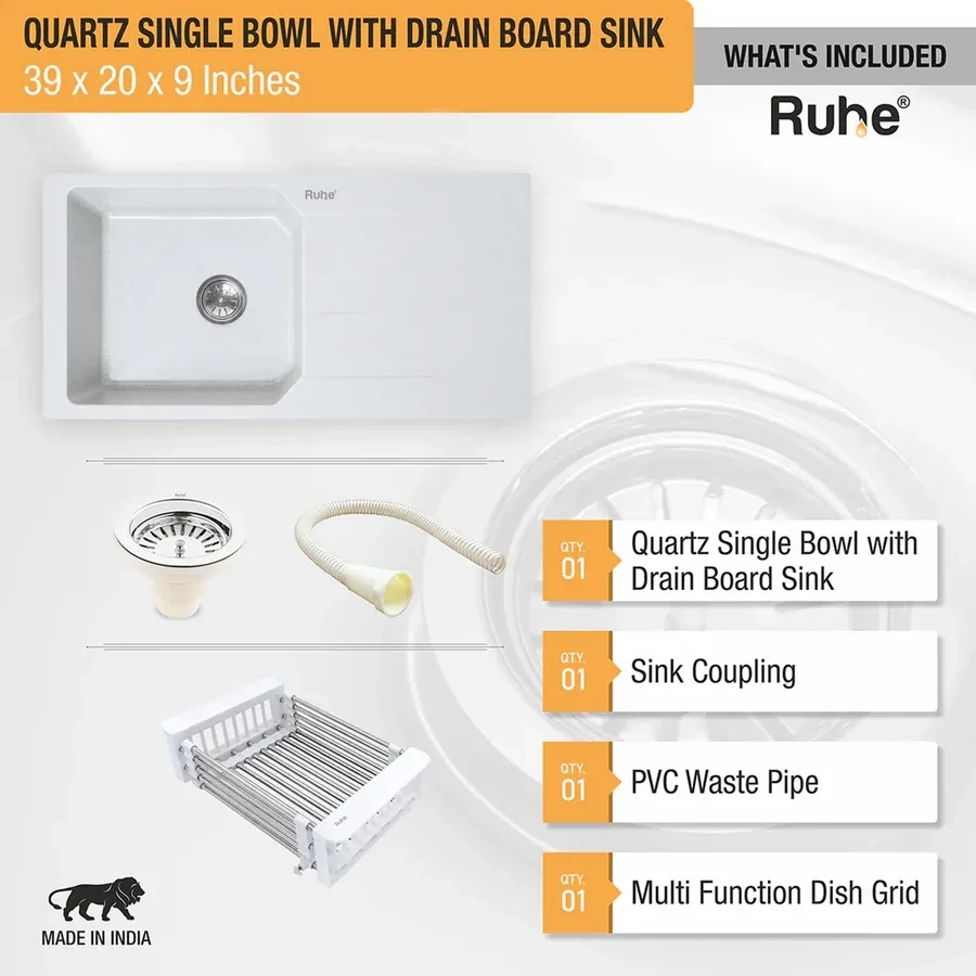 Ruhe Quartz Single Bowl With Drainboard Kitchen Sink - 39 X 20 X 9 Inches - White by Ruhe : Colours available: White 2 6