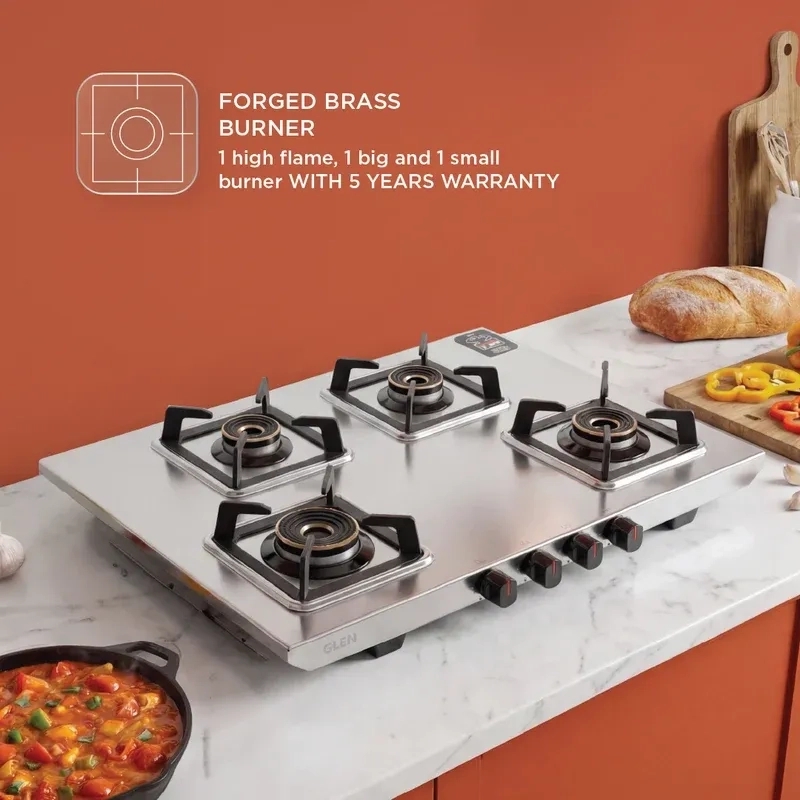 Glen 4 Burner Ultra Tuff Stainless Steel Gas Stove with Multi Ring Forged Brass Burner & Drip trays (CT1054UTDTSS) 3