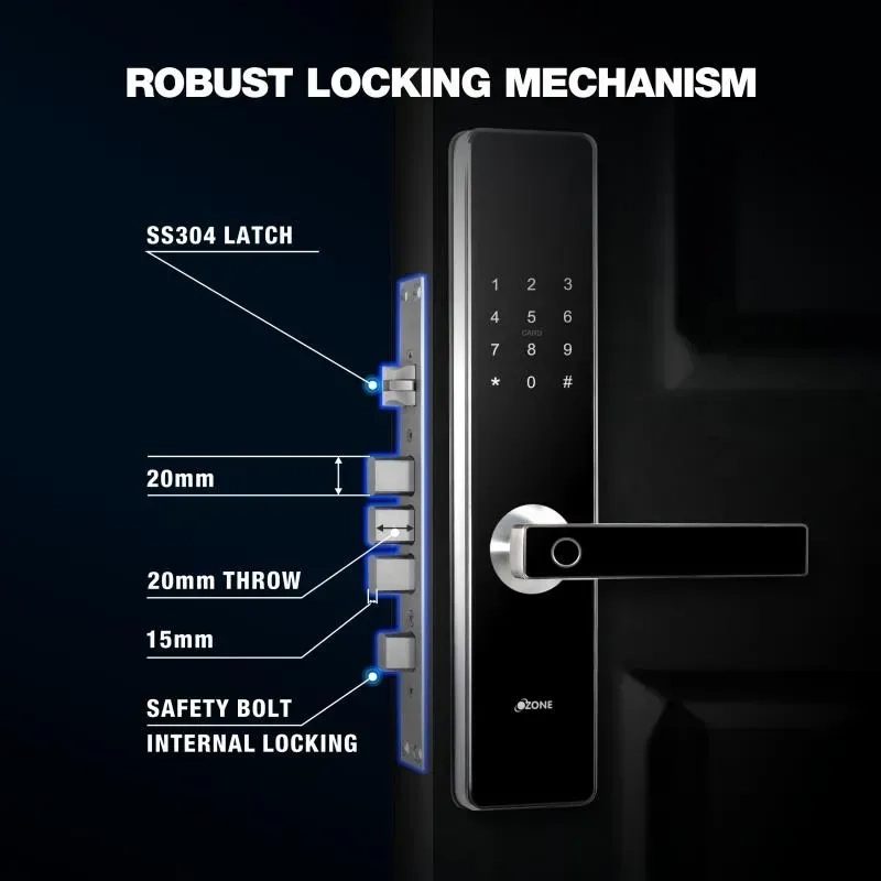 Ozone Smart Bluetooth Lock for Wooden & Metal Doors, 4-Way Access, OzoLife App, Fingerprint, Password, RFID Card, 35-100 mm Door Thickness, Free Installation, 2 Years Warranty (Black | Satin Chrome) by Ozone : Colours available: Black, Chrome 4 4