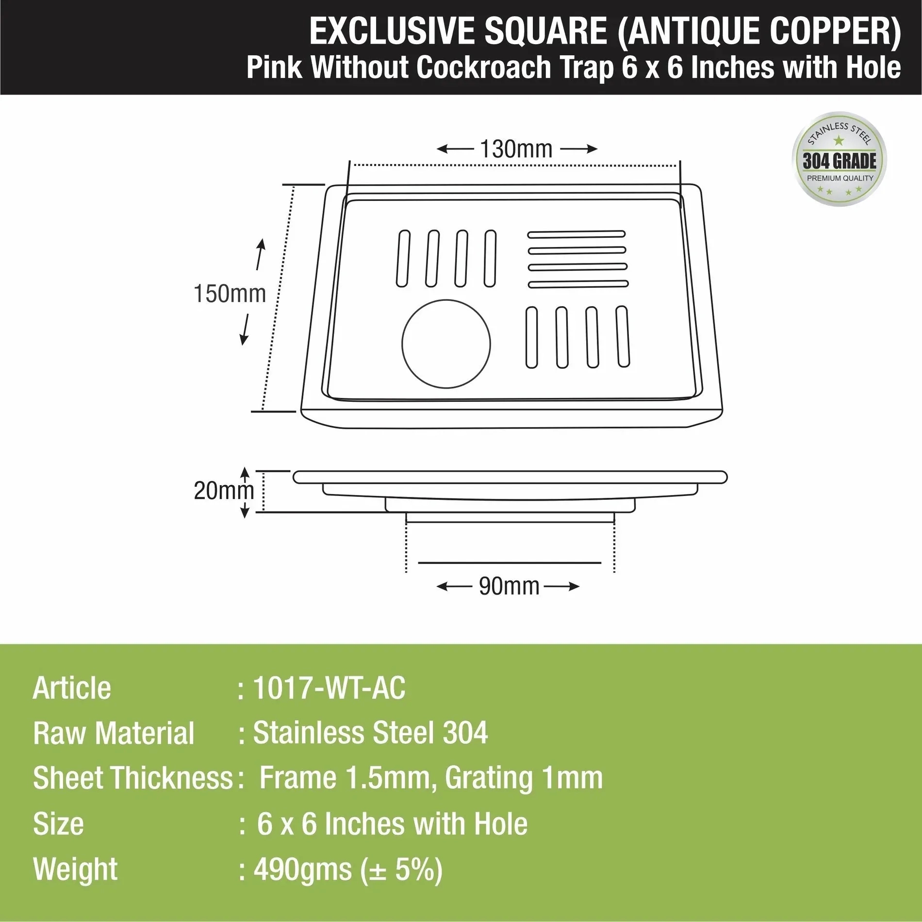 Lipka Pink Exclusive Square Floor Drain in Antique Copper PVD Coating (6 x 6 Inches) with Hole 1